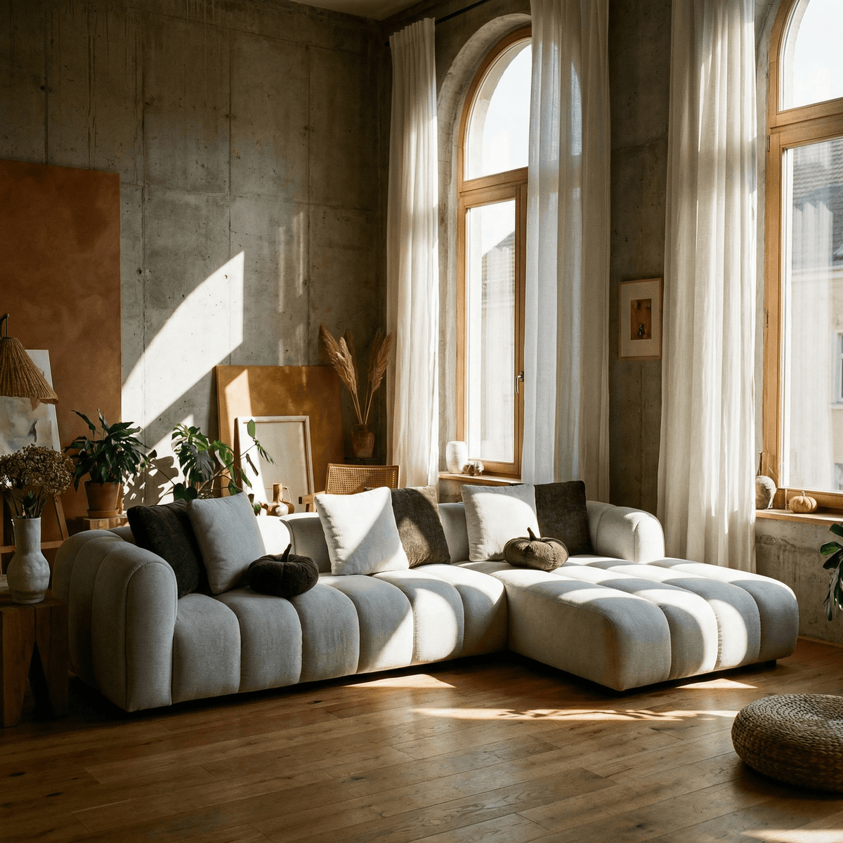 White Sectional Sofa w/ 8 Pillows – Oversized Modern Chaise Couch (145”) in a cozy living room setting.