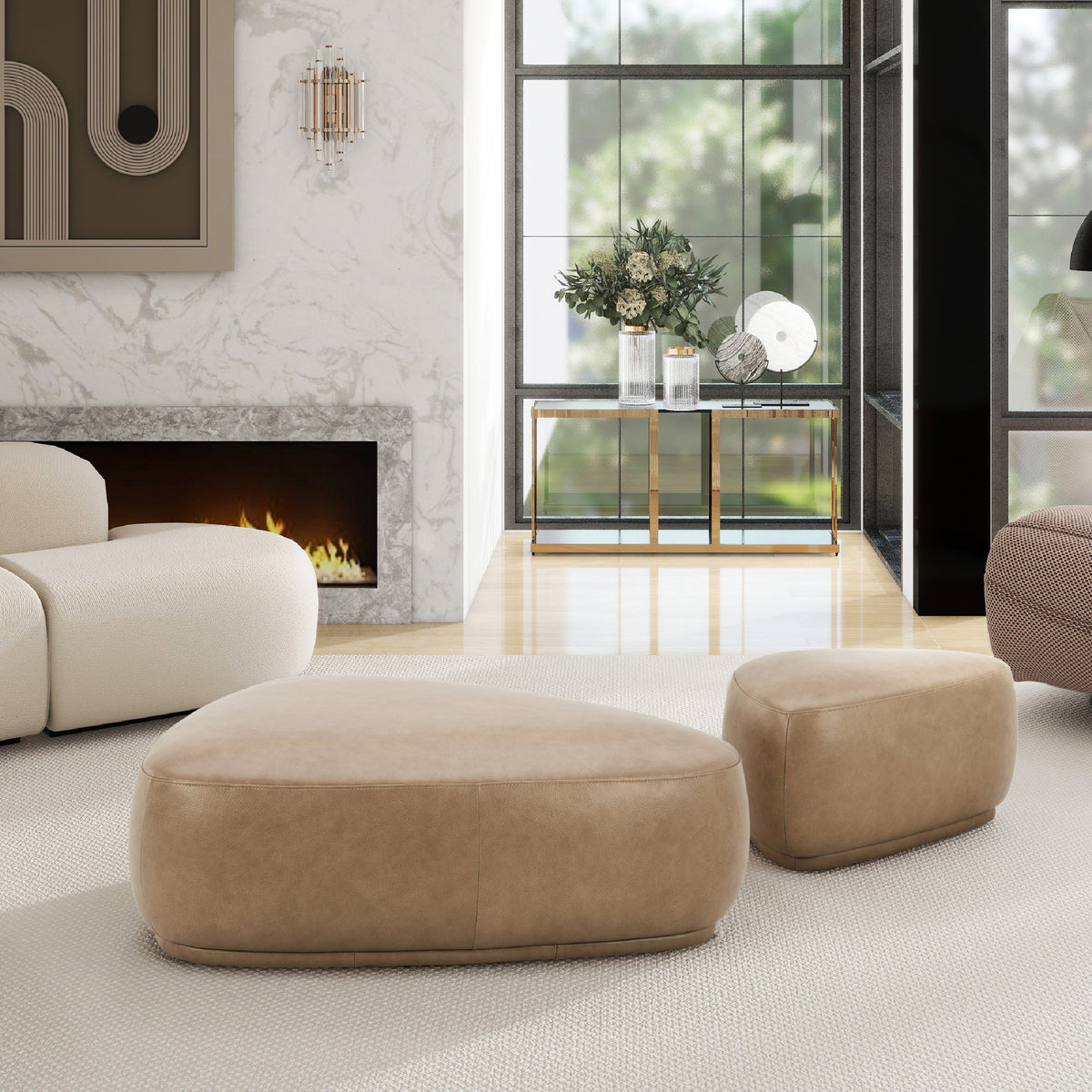Pebble Rounded Triangle Cocktail Ottoman – 44" Tuscan Tan Top-Grain Leather – view 2