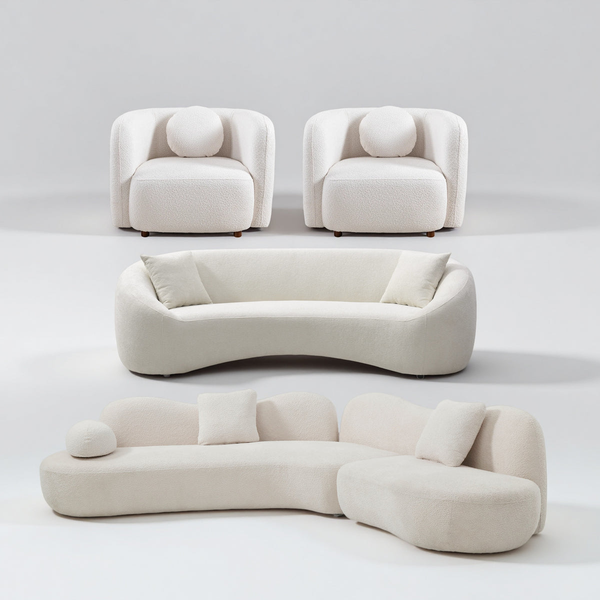 Perrine White Boucle Curved Modular Sofa – 128" Crescent 5-Seat Modular Sofa
