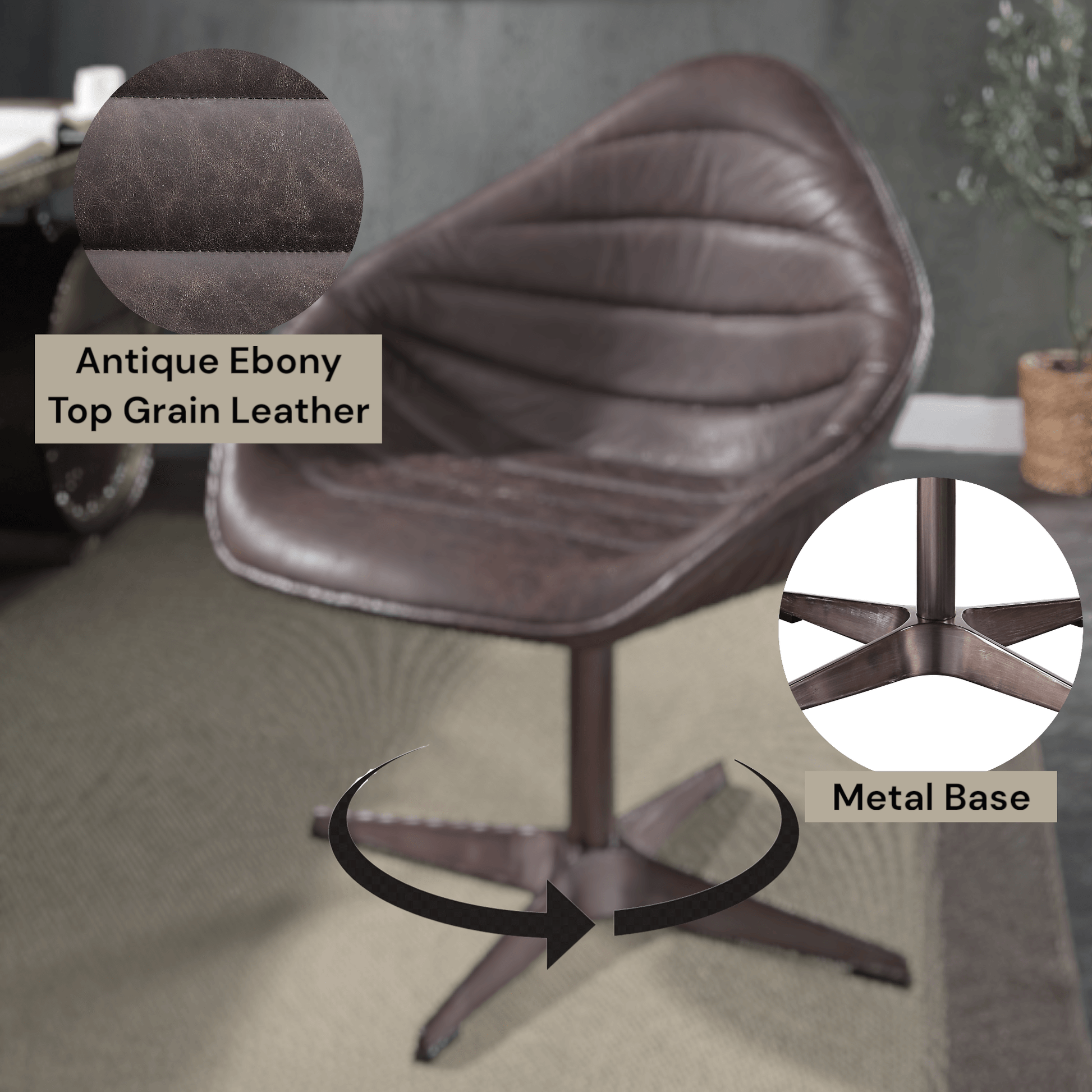 Pipino Top-Grain Ebony Leather Swivel Chair – Modern Accent Chair with antique ebony leather and metal base.