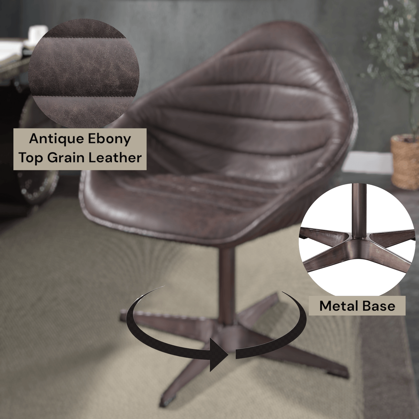 Pipino Top-Grain Ebony Leather Swivel Chair – Modern Accent Chair with antique ebony leather and metal base.