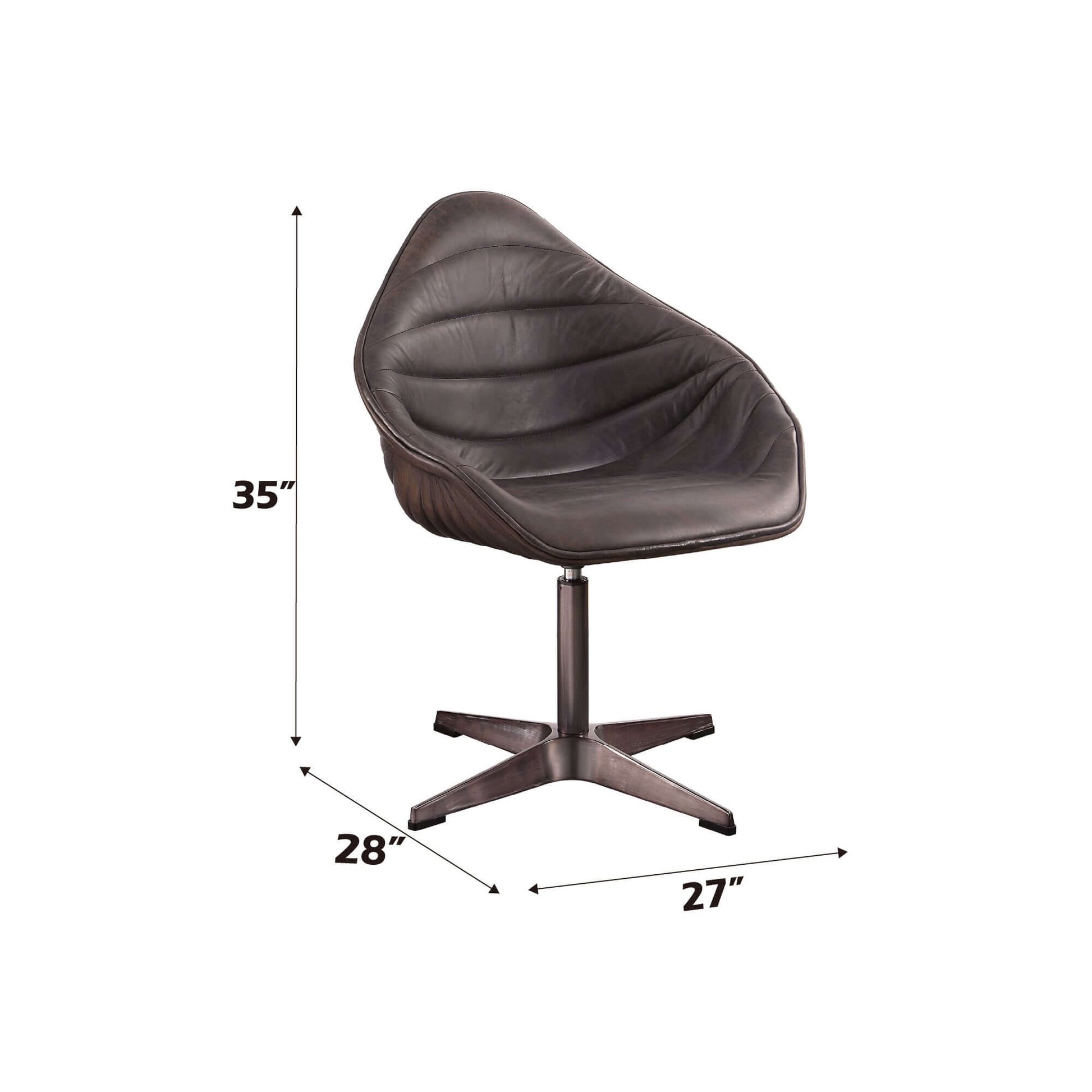 Pipino Top-Grain Ebony Leather Swivel Chair – Modern Accent Chair with dimensions 35" height, 28" width, 27" depth.