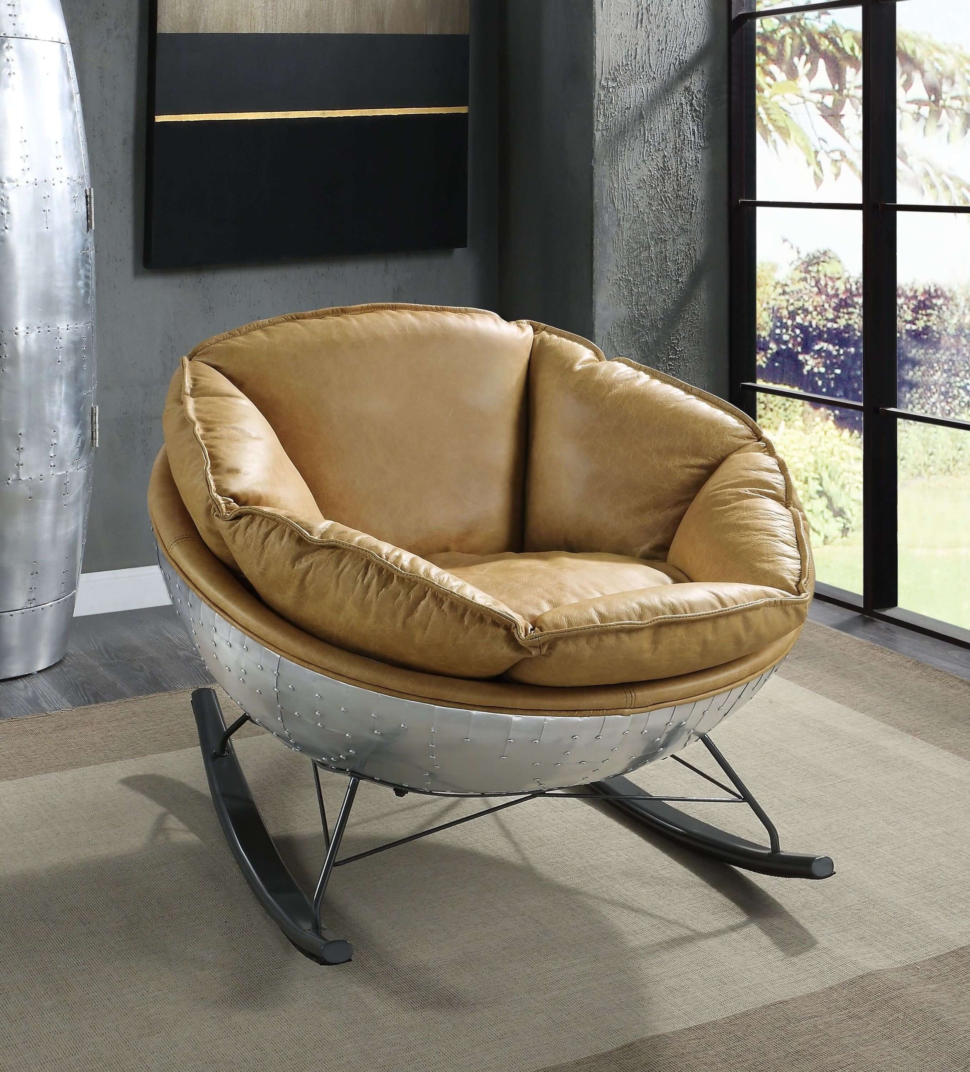 Pippin Morocco Top-Grain Leather Rocking Chair – Chrome Encased Modern Accent Rocker in a stylish interior setting.