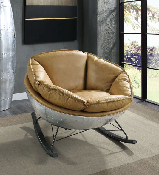 Pippin Morocco Top-Grain Leather Rocking Chair – Chrome Encased Modern Accent Rocker in a stylish interior setting.