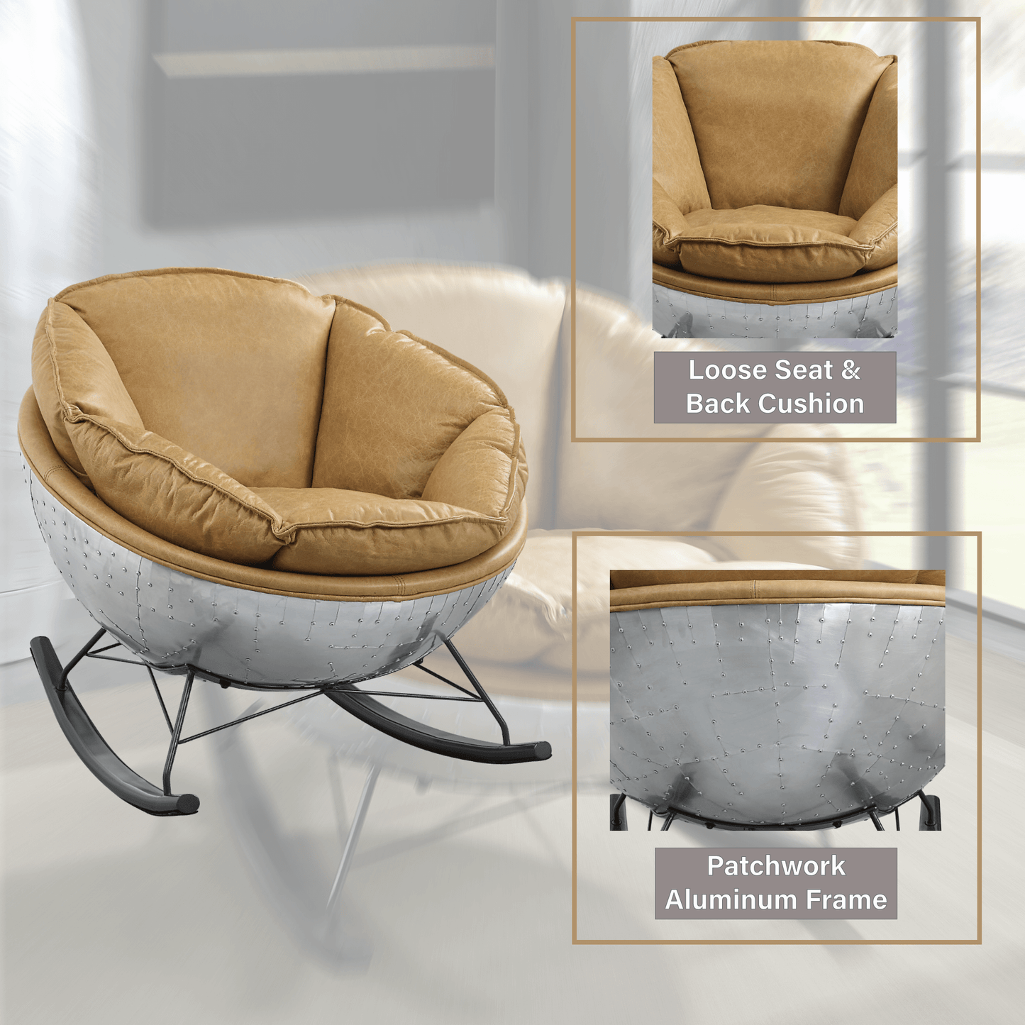 Pippin Morocco Top-Grain Leather Rocking Chair – Chrome Encased Modern Accent Rocker with loose seat and back cushion.