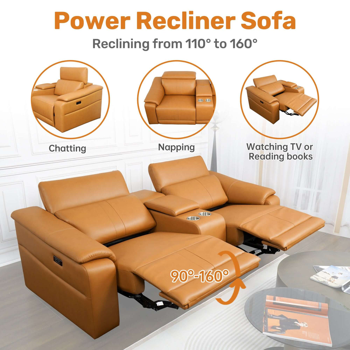Power recliner sofa with cup holders, reclining from 110° to 160°, perfect for chatting, napping, or watching TV.