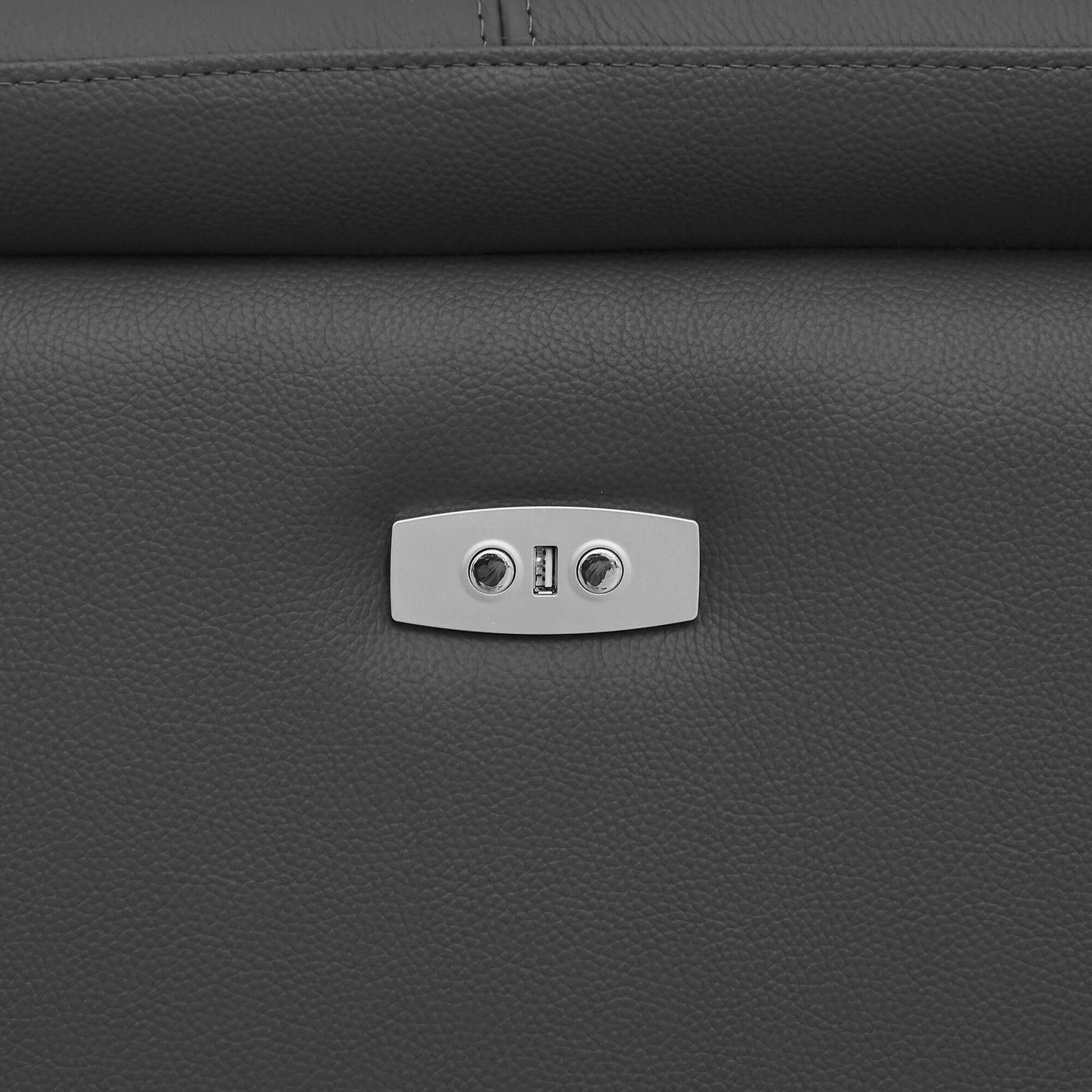 Wall-Hugger Power Reclining Leather Sectional – 4 Seat L-Shape Recliner Sofa with USB (144") power recline button detail.