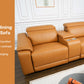 Power Reclining Sectional Sofa in tan leather with cup holders and built-in charging for enhanced comfort.