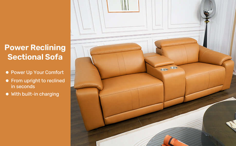 Power Reclining Sectional Sofa in tan leather with cup holders and built-in charging for enhanced comfort.