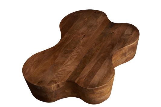 Free Form Solid Wood Premium Coffee Table with unique organic shape and brown finish.