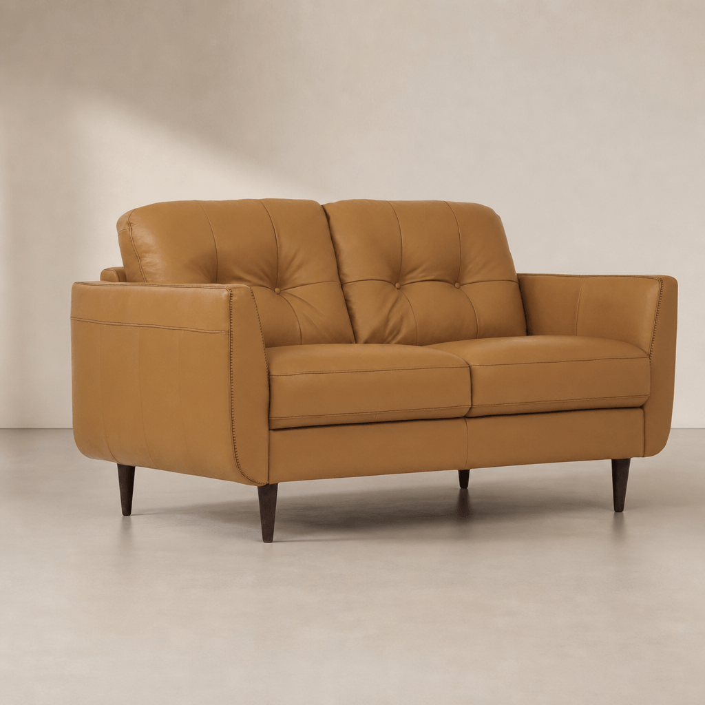 Radwan Midcentury Modern Premium Italian Sofa Leather Loveseat 59" in camel leather with button-tufted back and tapered legs.