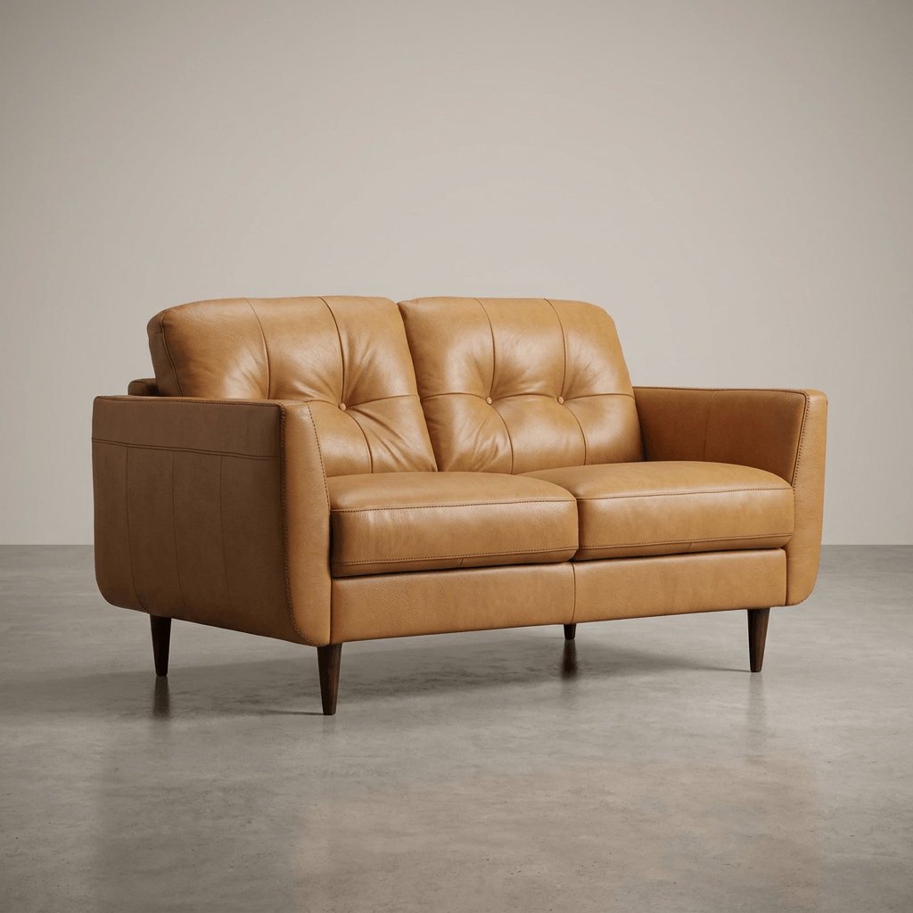 Radwan Midcentury Modern Premium Italian Sofa Leather Loveseat 59" in camel leather with button-tufted backrest.