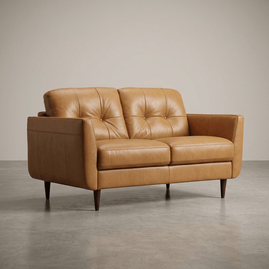 Radwan Midcentury Modern Premium Italian Sofa Leather Loveseat 59" in camel leather with button-tufted backrest.