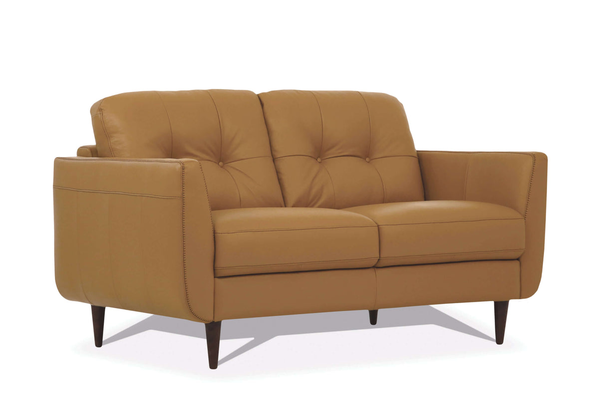 Radwan Midcentury Modern Premium Italian Sofa Leather Loveseat 59" in warm camel leather with button-tufted backrest.
