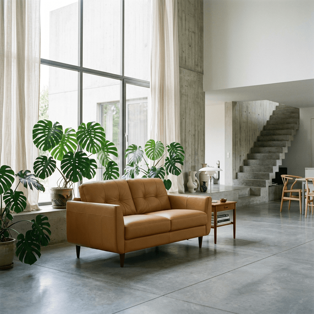 Radwan Midcentury Modern Premium Italian Sofa Leather Loveseat 59" in a stylish living room with plants.