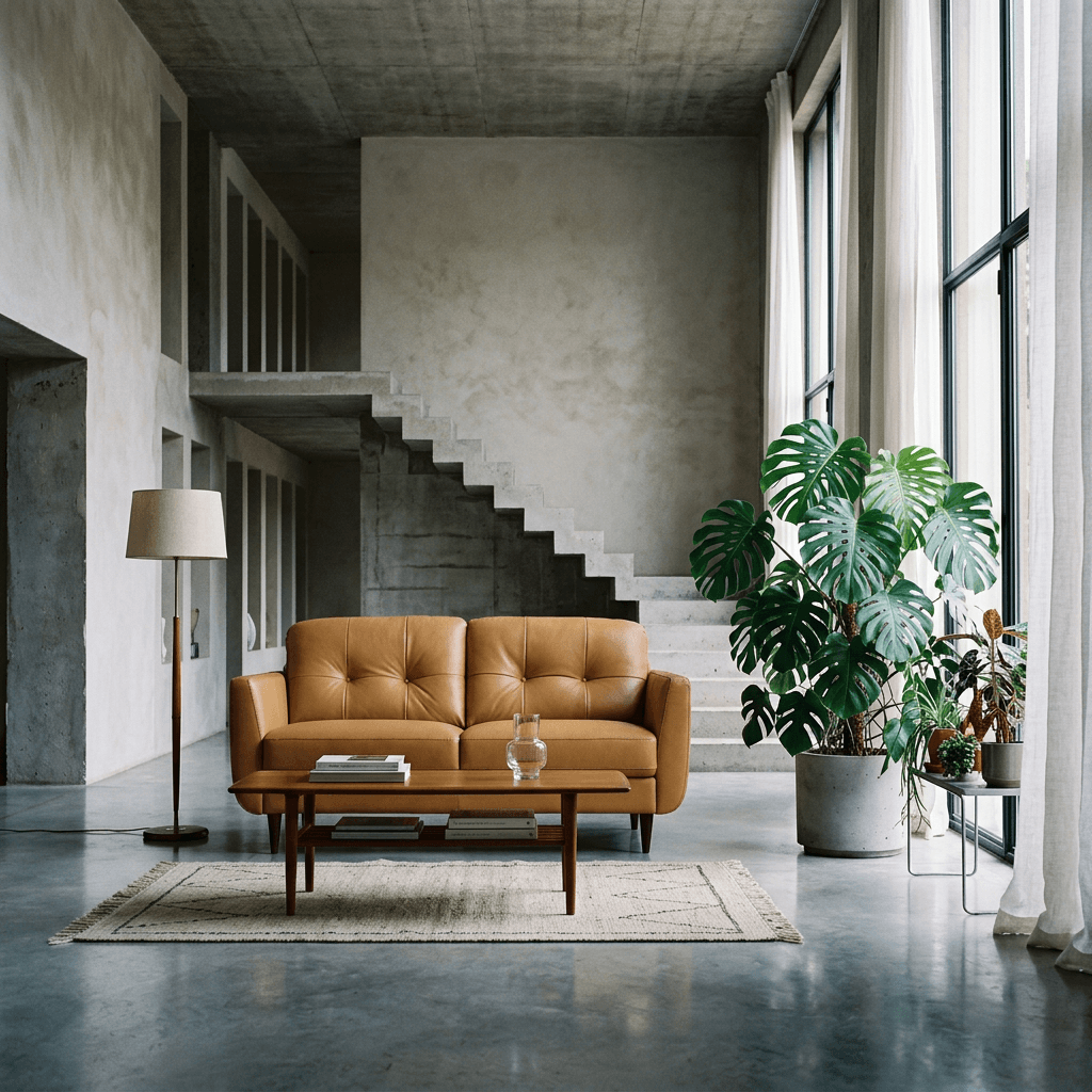 Radwan Midcentury Modern Premium Italian Sofa Leather Loveseat 59" in a stylish living room setting.