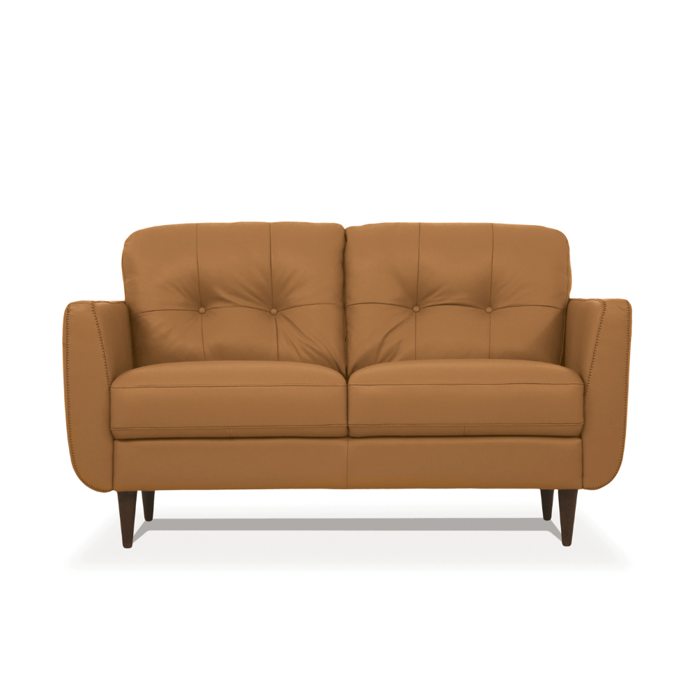 Radwan Midcentury Modern Premium Italian Sofa Leather Loveseat 59" in warm camel leather with tufted back.