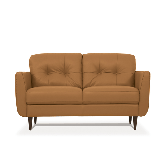 Radwan Midcentury Modern Premium Italian Sofa Leather Loveseat 59" in warm camel leather with tufted back.