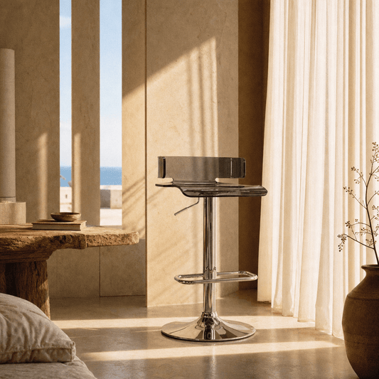 Rania Gray & Chrome Finish Adjustable Stool W/Swivel in a modern interior setting with ocean view.