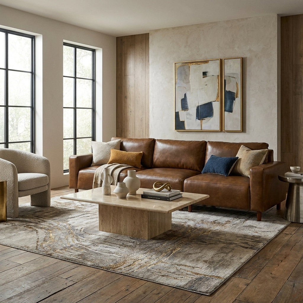 Ravenna Brown PU Leather Sofa – 112" Square-Arm 3-Seat Sofa – view 2
