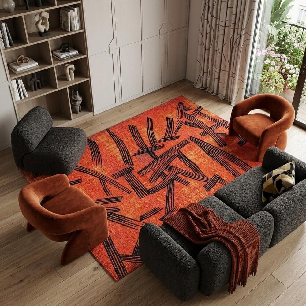 Red And White Abstract Washable Area Rug With UV Protection Area Rug | 9' x 13' in a modern living room setting.