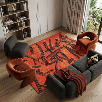 Red And White Abstract Washable Area Rug With UV Protection Area Rug | 9' x 13' in a modern living room setting.