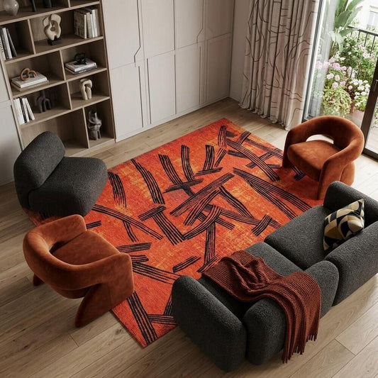 Red And White Abstract Washable Area Rug With UV Protection Area Rug | 9' x 13' in a modern living room setting.