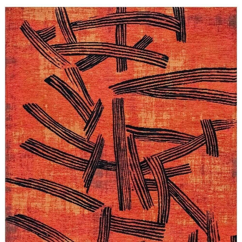 Red And White Abstract Washable Area Rug With UV Protection Area Rug | 9' x 13' showcasing bold abstract patterns on a vibrant orange background.