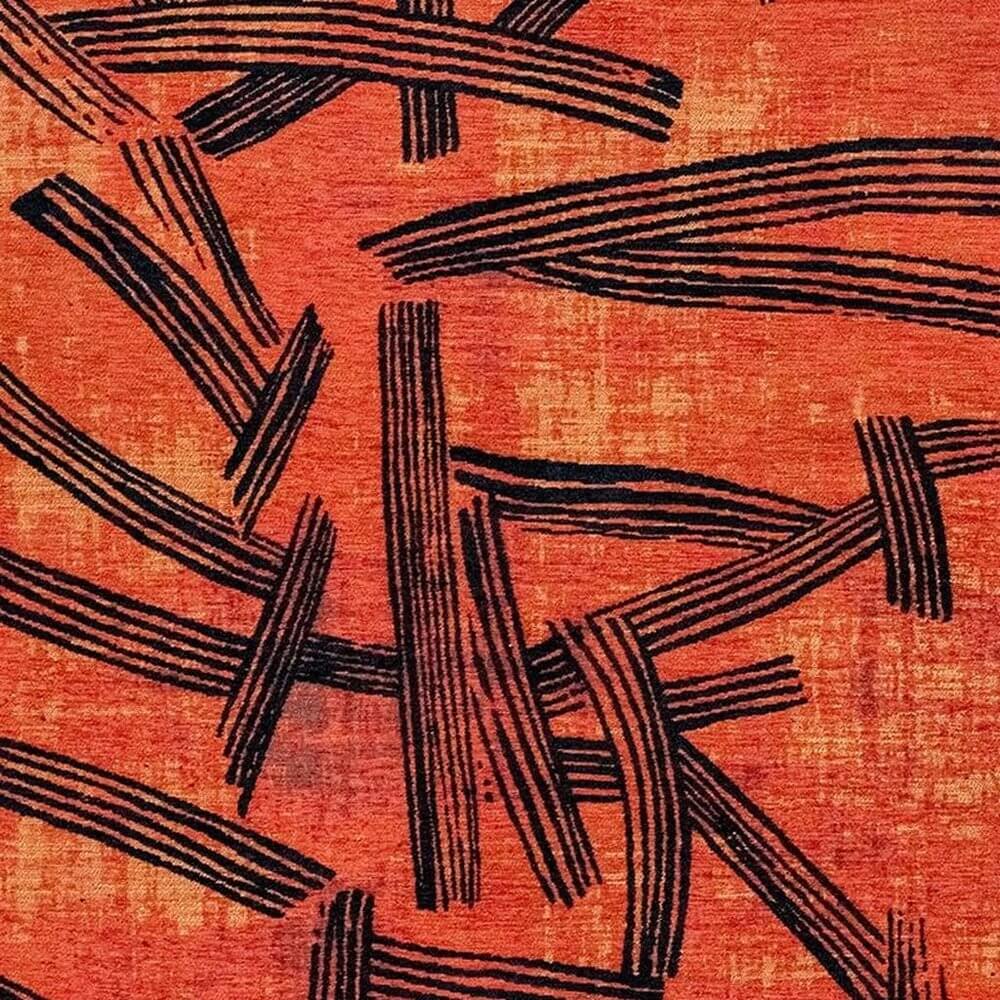 Red And White Abstract Washable Area Rug With UV Protection Area Rug | 9' x 13'. Abstract red and black pattern on a rug.