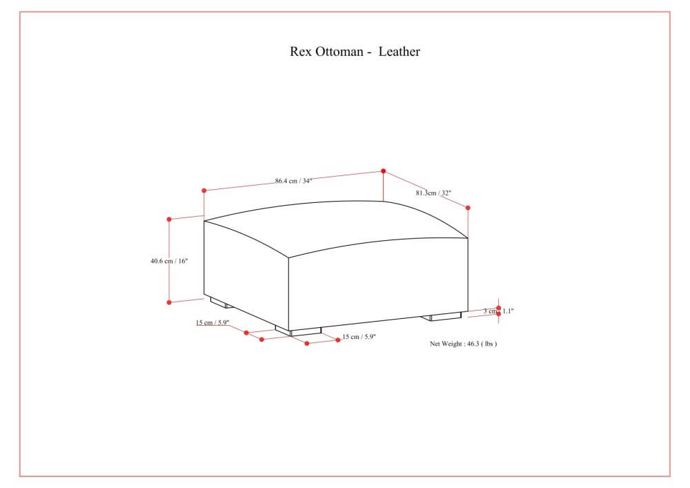 Dimensions and specifications of the Rex Genuine Leather Square Ottoman, showcasing its versatile design.