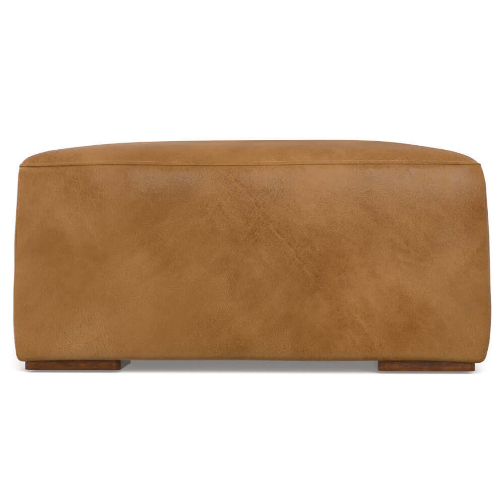 Rex Genuine Leather Square Ottoman in tan, 34'W, versatile for footrest or coffee table alternative.