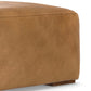 Close-up of Rex Genuine Leather Square Ottoman in tan, showcasing its smooth texture and sturdy wooden base.