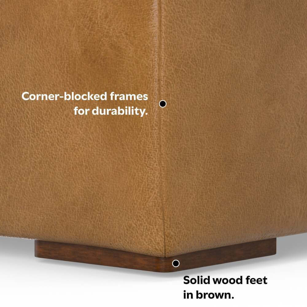 Close-up of the Rex Genuine Leather Square Ottoman showcasing corner-blocked frames and solid wood feet in brown.