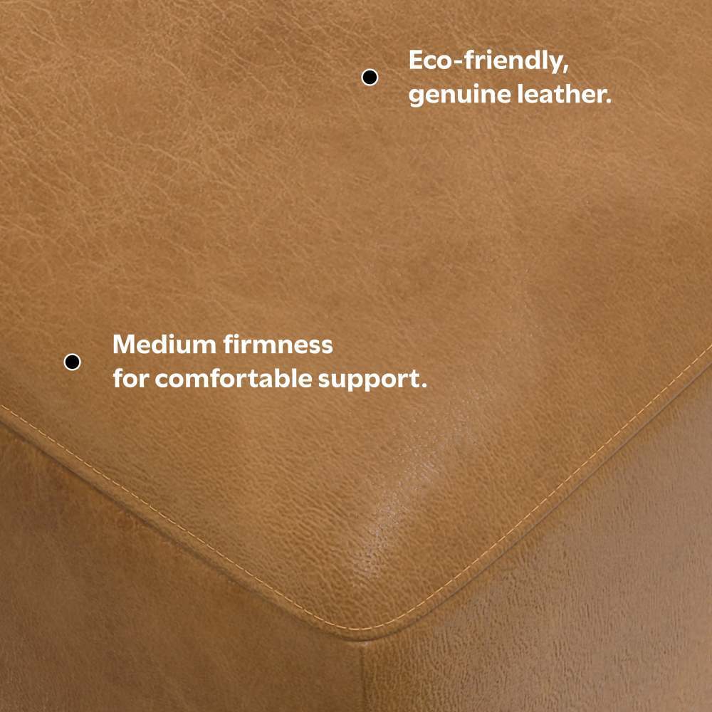 Close-up of Rex Genuine Leather Square Ottoman showcasing eco-friendly leather and medium firmness for support.