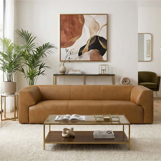 Rialto 105" Tan Top Grain Buffalo Leather Sofa | Modern Luxury 3-Seater in a stylish living room setting.