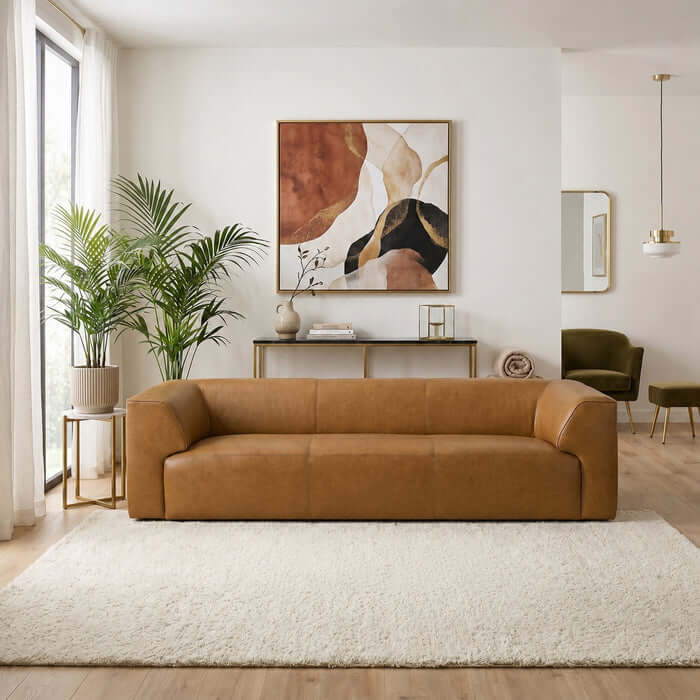 Rialto 105" Tan Top Grain Buffalo Leather Sofa | Modern Luxury 3-Seater in a stylish living room setting.