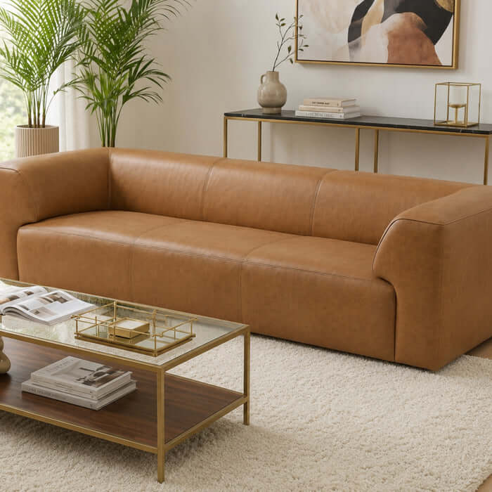 Rialto 105" Tan Top Grain Buffalo Leather Sofa | Modern Luxury 3-Seater in a stylish living room setting.
