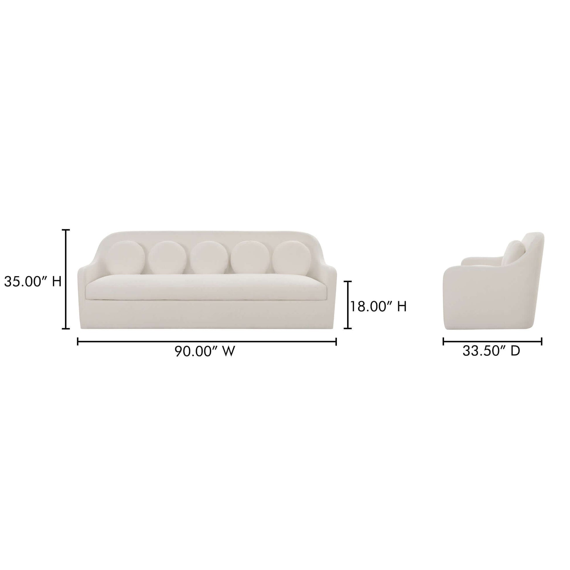 Rialto White Performance Fabric Sofa with Curved Back & Toss Cushions | Modern Sofa with dimensions and curved design.