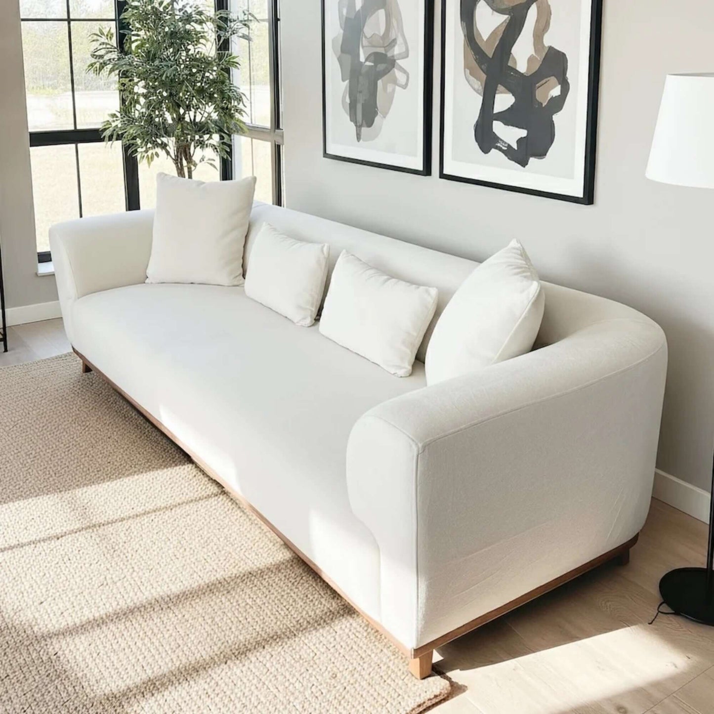 Richardson Velvet Sofa 103” - Scandinavian Modern 3-Seat Sofa with Wood Base in cream velvet with removable pillows.