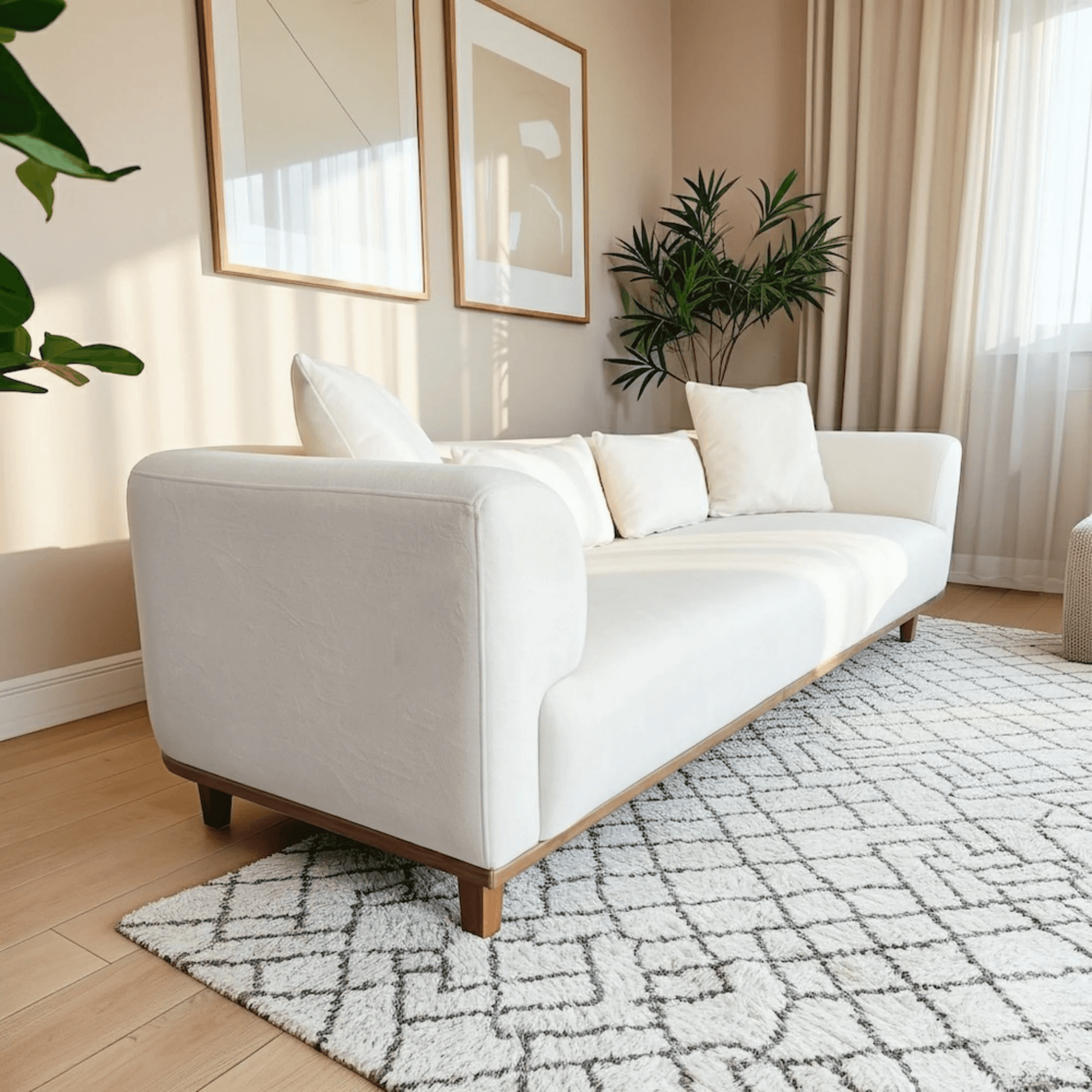 Richardson Velvet Sofa 103” - Scandinavian Modern 3-Seat Sofa with Wood Base in cream velvet setting.
