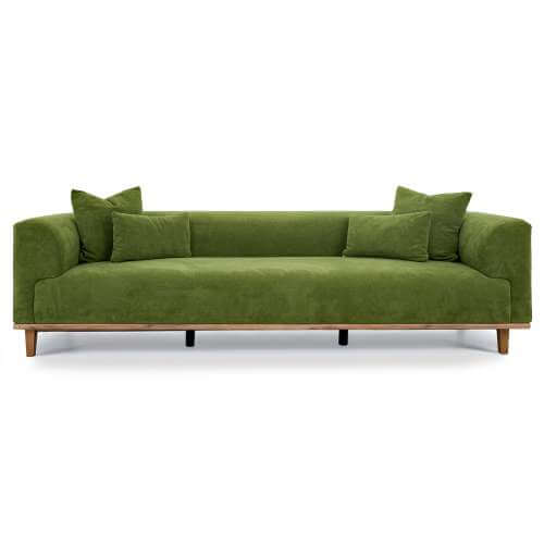 Richardson Velvet Sofa 103” - Scandinavian Modern 3-Seat Sofa with Wood Base in green upholstery.