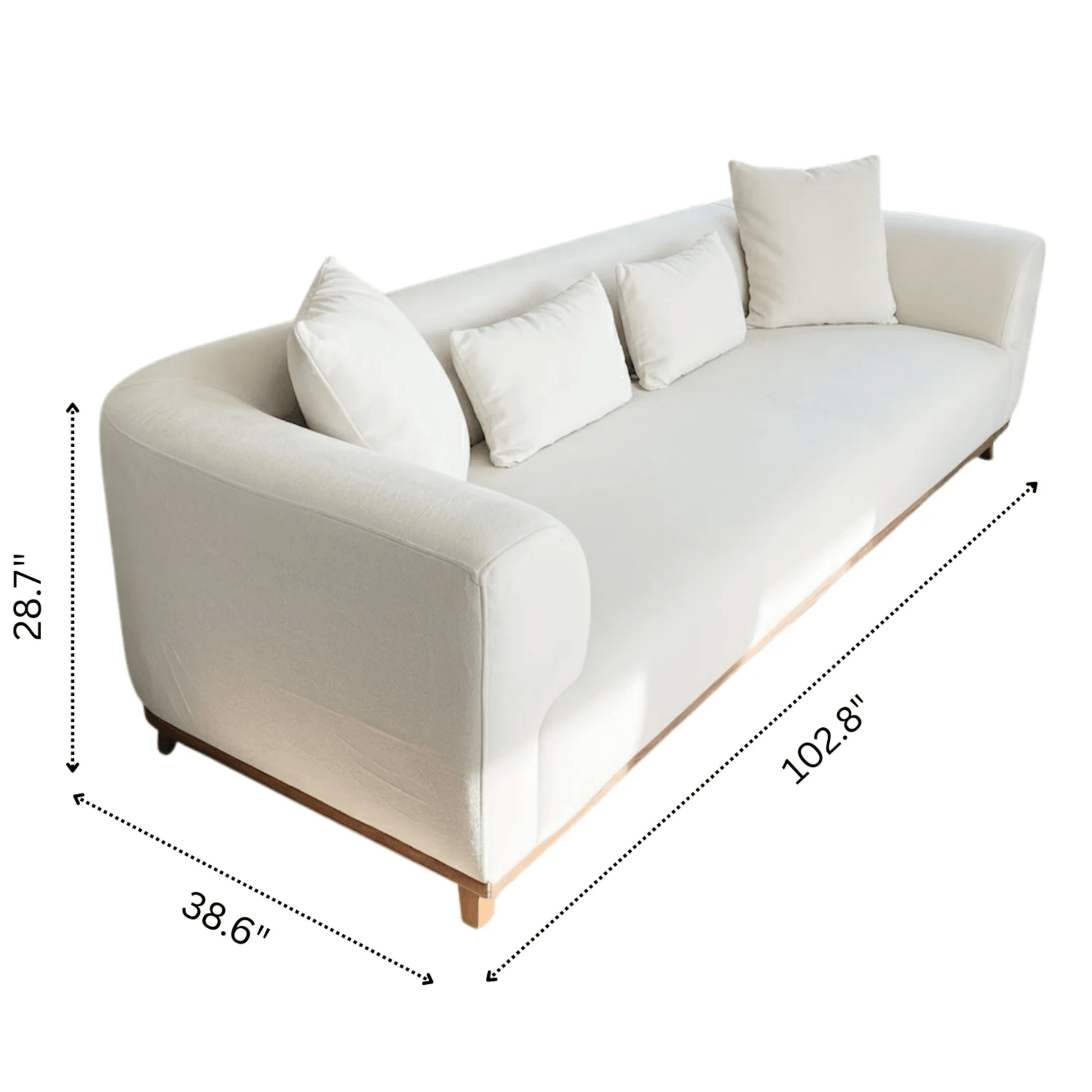 Richardson Velvet Sofa 103” - Scandinavian Modern 3-Seat Sofa with Wood Base featuring plush cream upholstery and removable pillows.