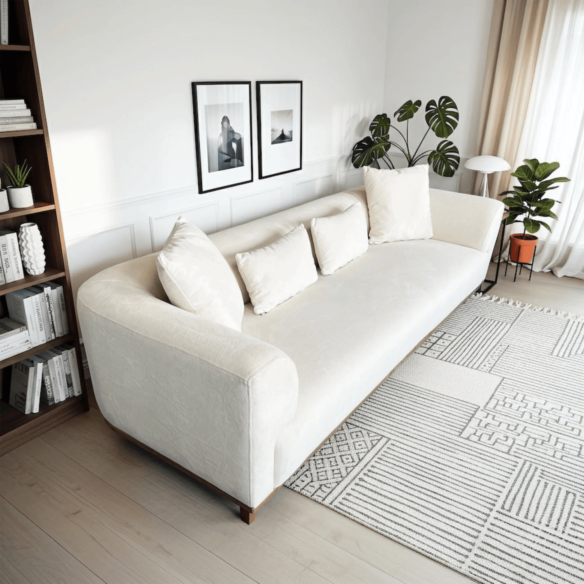 Richardson Velvet Sofa 103” - Scandinavian Modern 3-Seat Sofa with Wood Base in soft cream velvet and clean lines.