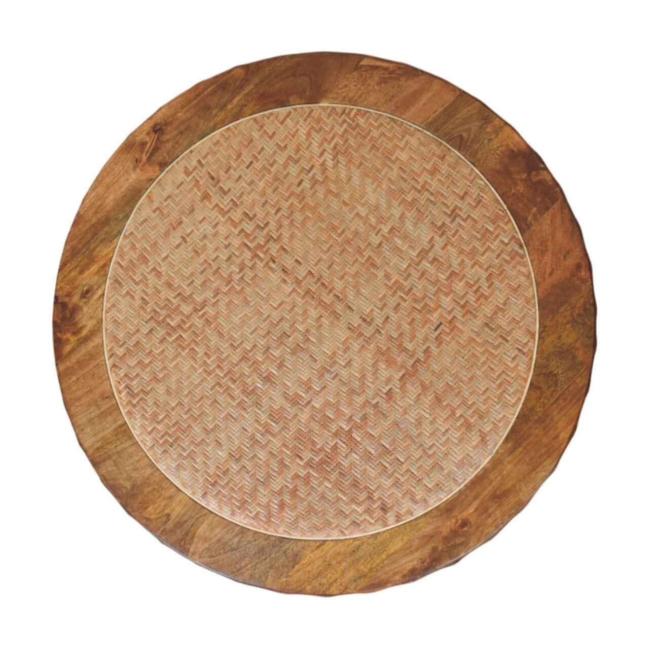 Rivera Solid Mango Wood Rattan Coffee Table – 31.5” Round Artisan Coffee Table (Golden Teak) top view with woven texture.