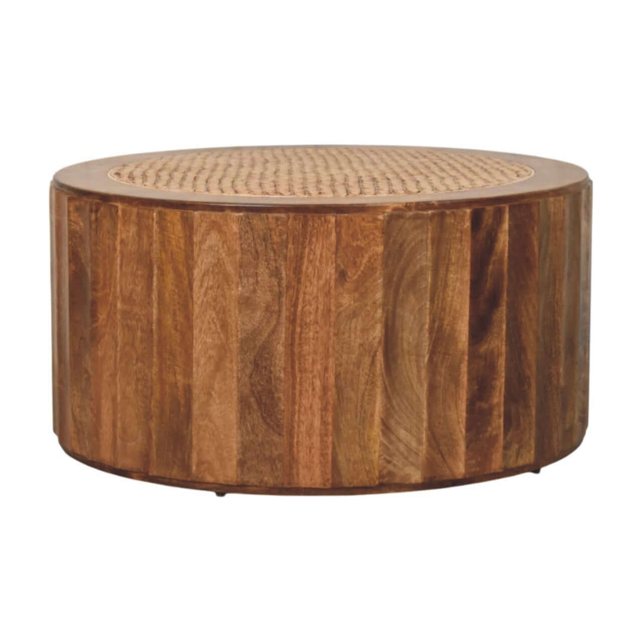 Rivera Solid Mango Wood Rattan Coffee Table – 31.5” Round Artisan Coffee Table (Golden Teak) showcasing natural materials and craftsmanship.