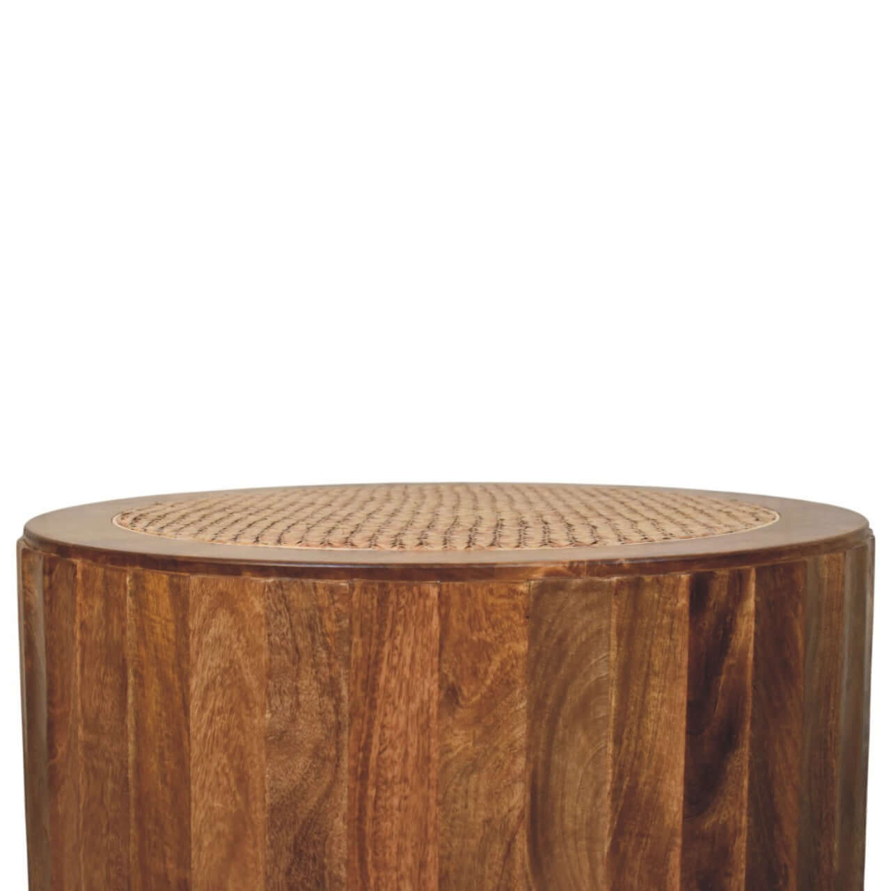 Rivera Solid Mango Wood Rattan Coffee Table – 31.5” Round Artisan Coffee Table (Golden Teak) with textured top.