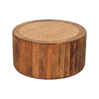 Rivera Solid Mango Wood Rattan Coffee Table – 31.5” Round Artisan Coffee Table (Golden Teak), showcasing warm wood and handcrafted texture.
