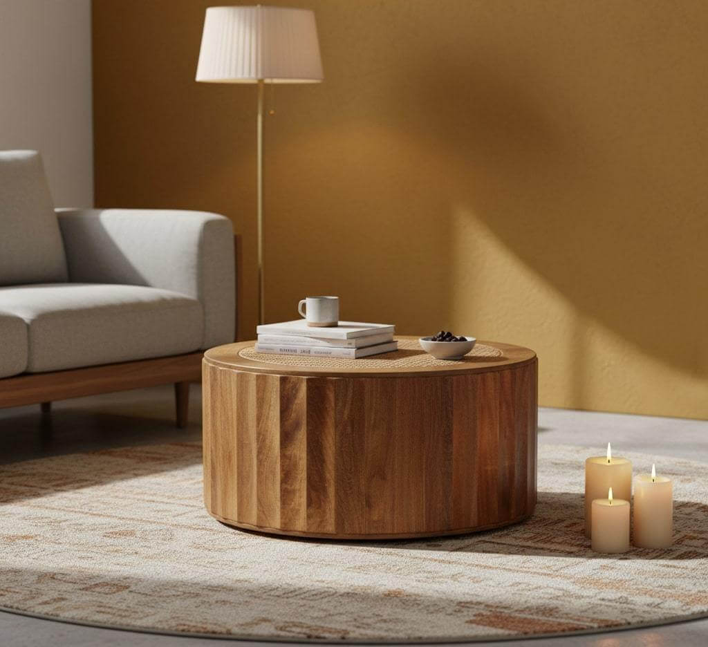 Rivera Solid Mango Wood Rattan Coffee Table – 31.5” Round Artisan Coffee Table (Golden Teak) in a cozy living room.