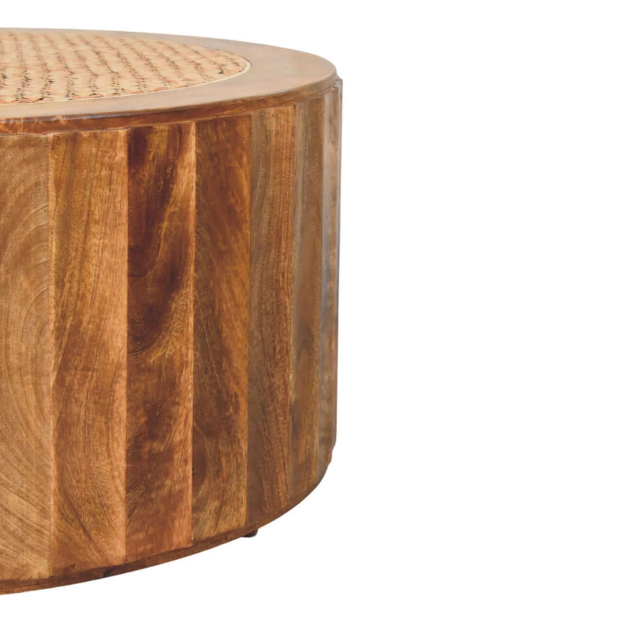 Rivera Solid Mango Wood Rattan Coffee Table – 31.5” Round Artisan Coffee Table (Golden Teak) side view