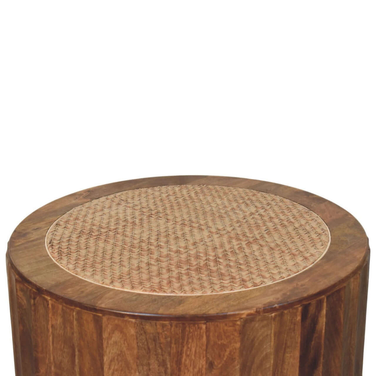Rivera Solid Mango Wood Rattan Coffee Table – 31.5” Round Artisan Coffee Table (Golden Teak) with unique texture.
